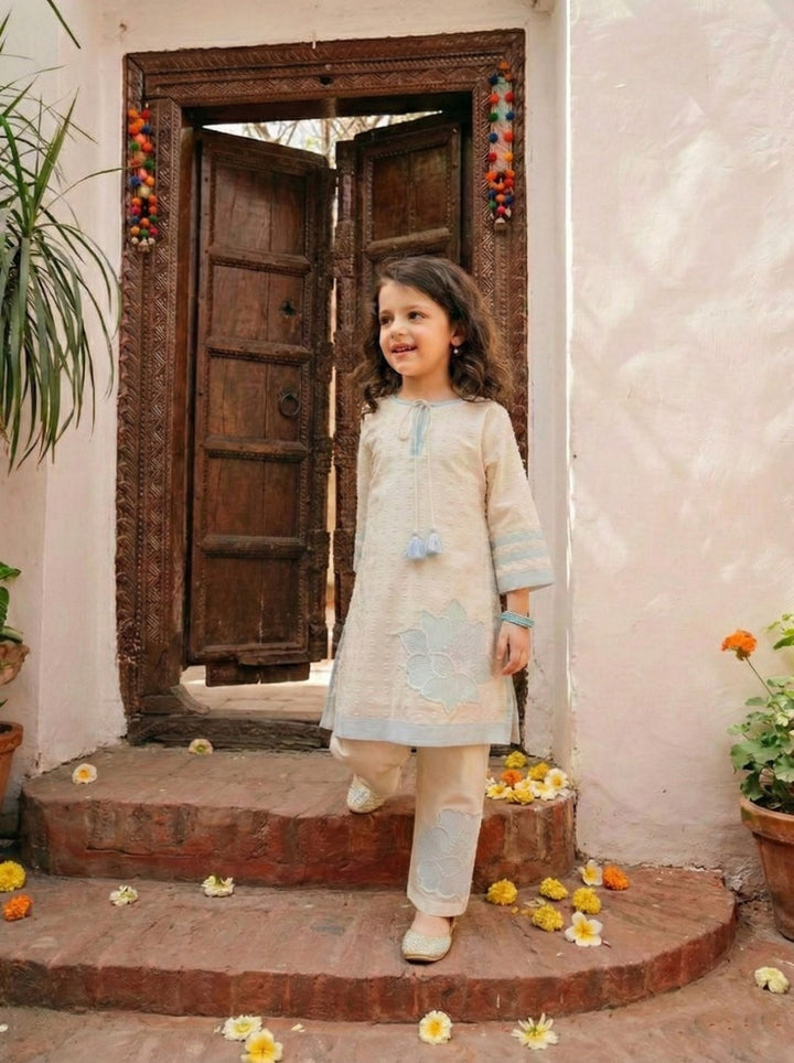 Joy pearl embroidery kids kurta pant set