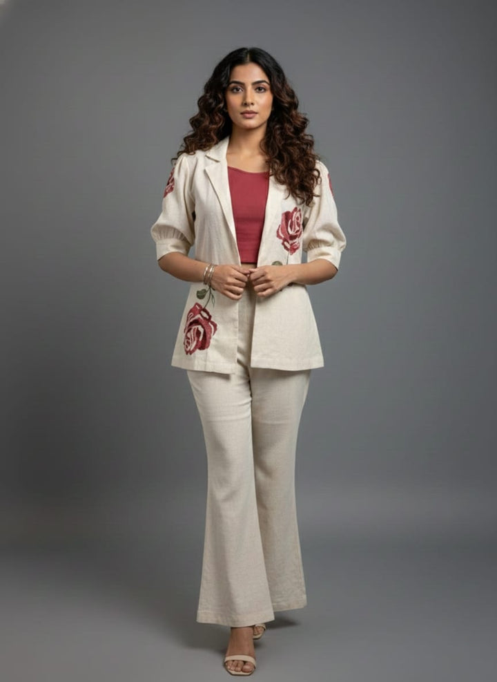 Drona pearl embroidery cotton 3 pc co-ord set