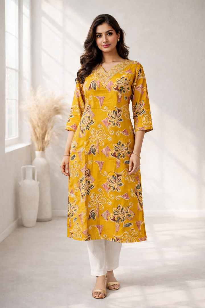 Barnali Mustard Printed Work Kurti