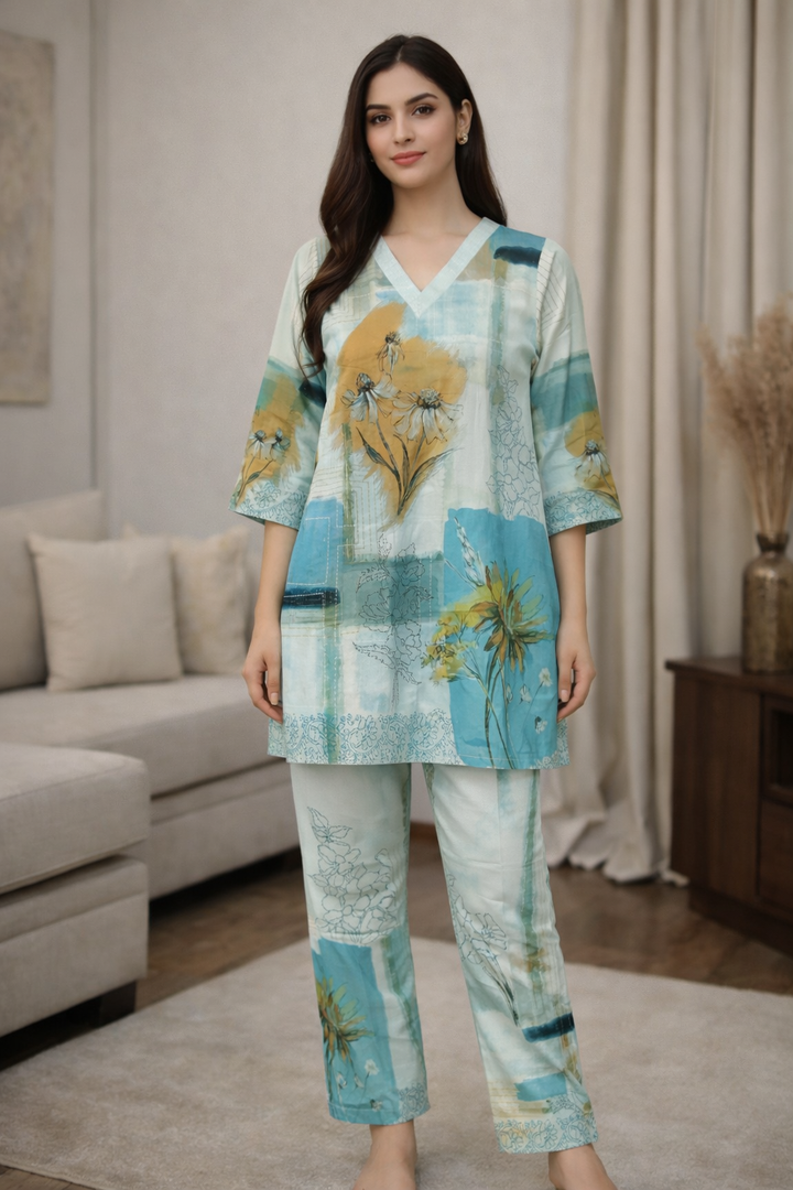 Akshara softblue printed cotton co-ord set