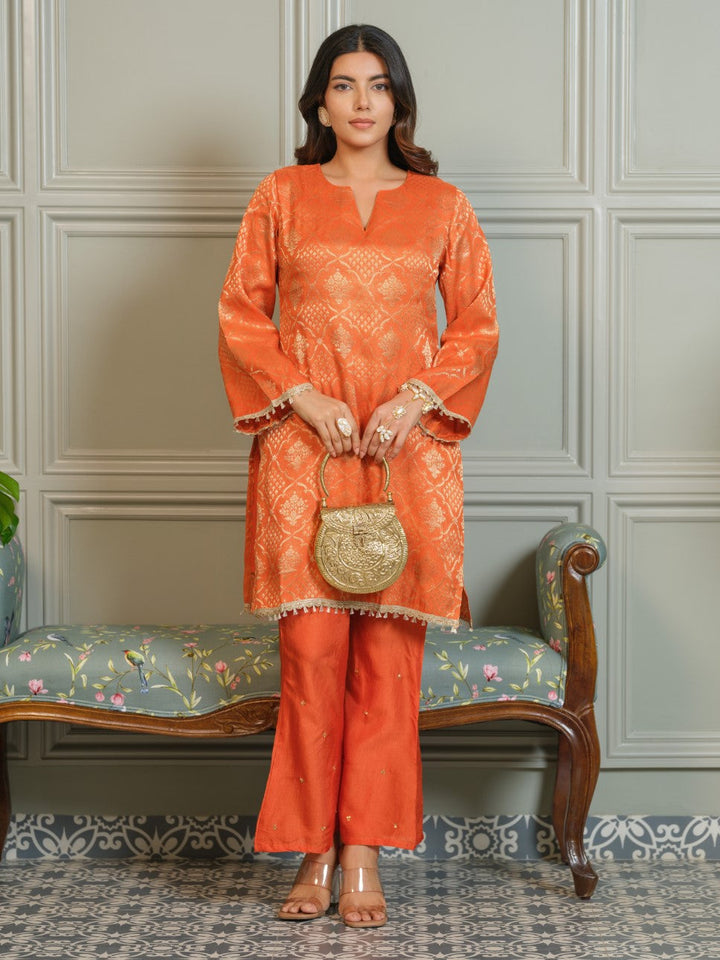 Palash Tangerine Jacquard Top Co-ord Set