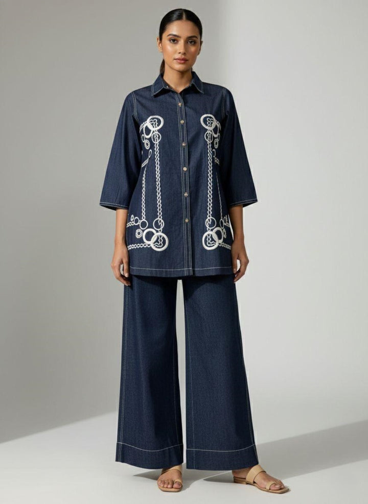 Prisha sapphire embroidery denim co-ord set