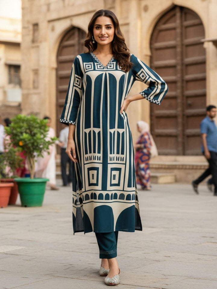 Sargun Teal Digital Printed Kurta Pant Set