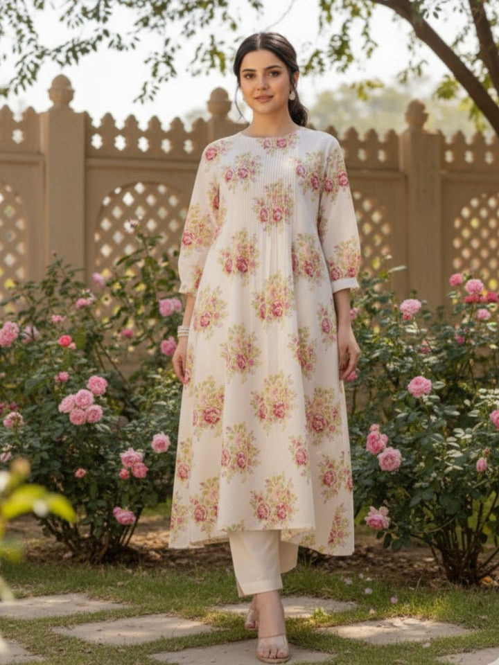 Manjula Caramel Floral Cotton Kurta Pant Set