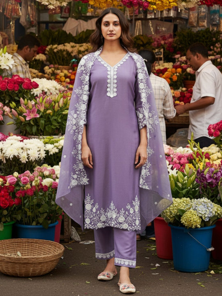 Tara Lavender Embroidered Suit Set