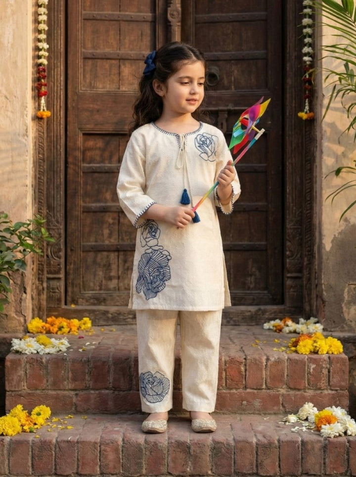 Joy vanilla embroidery kids cotton kurta set