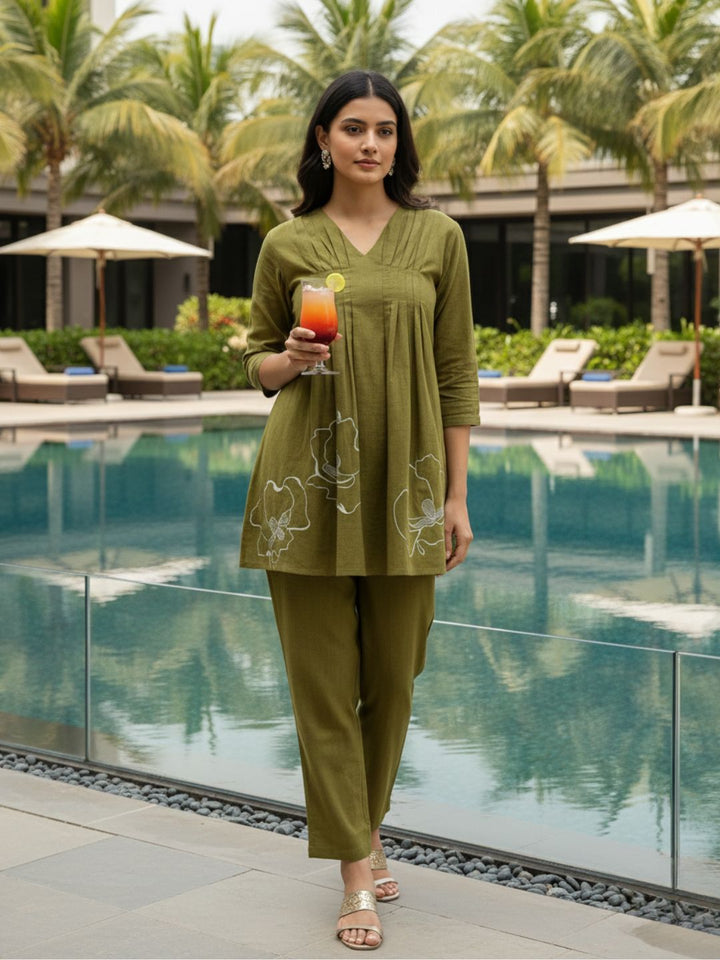 Raya Olive Cotton Embroidered Co-ord Set