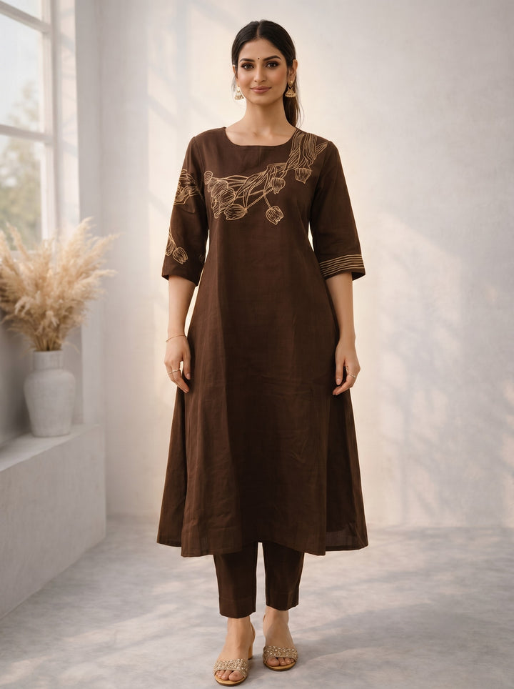 Mishka Coffee Embroidered Kurta Pant Set