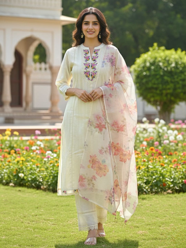Shabnam Cream Full Work Suit Set with Floral Organza Dupatta