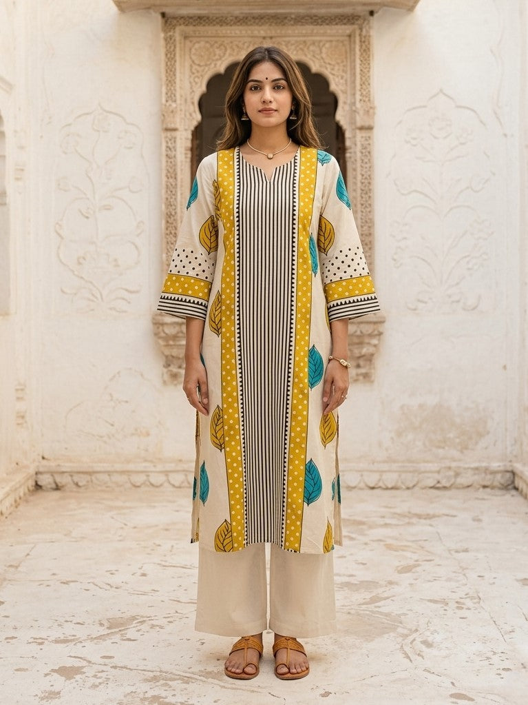 Virosh canary printed cotton kurta pant set
