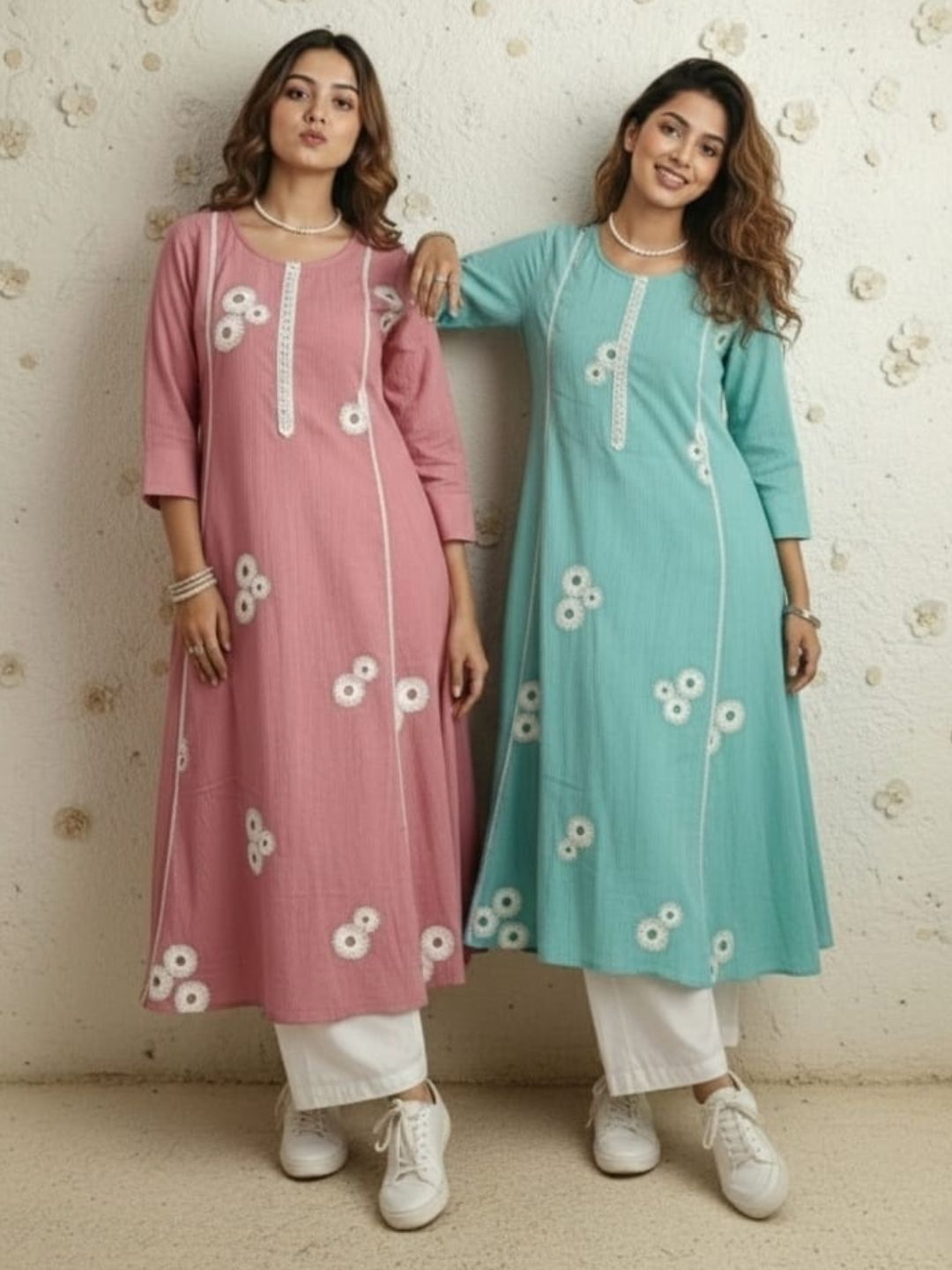 Swades softblue embroidery cotton kurta pant set