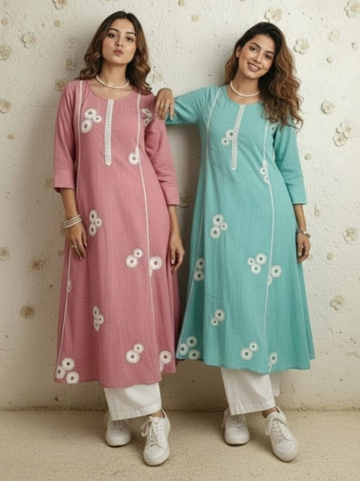 Swades softblue embroidery cotton kurta pant set