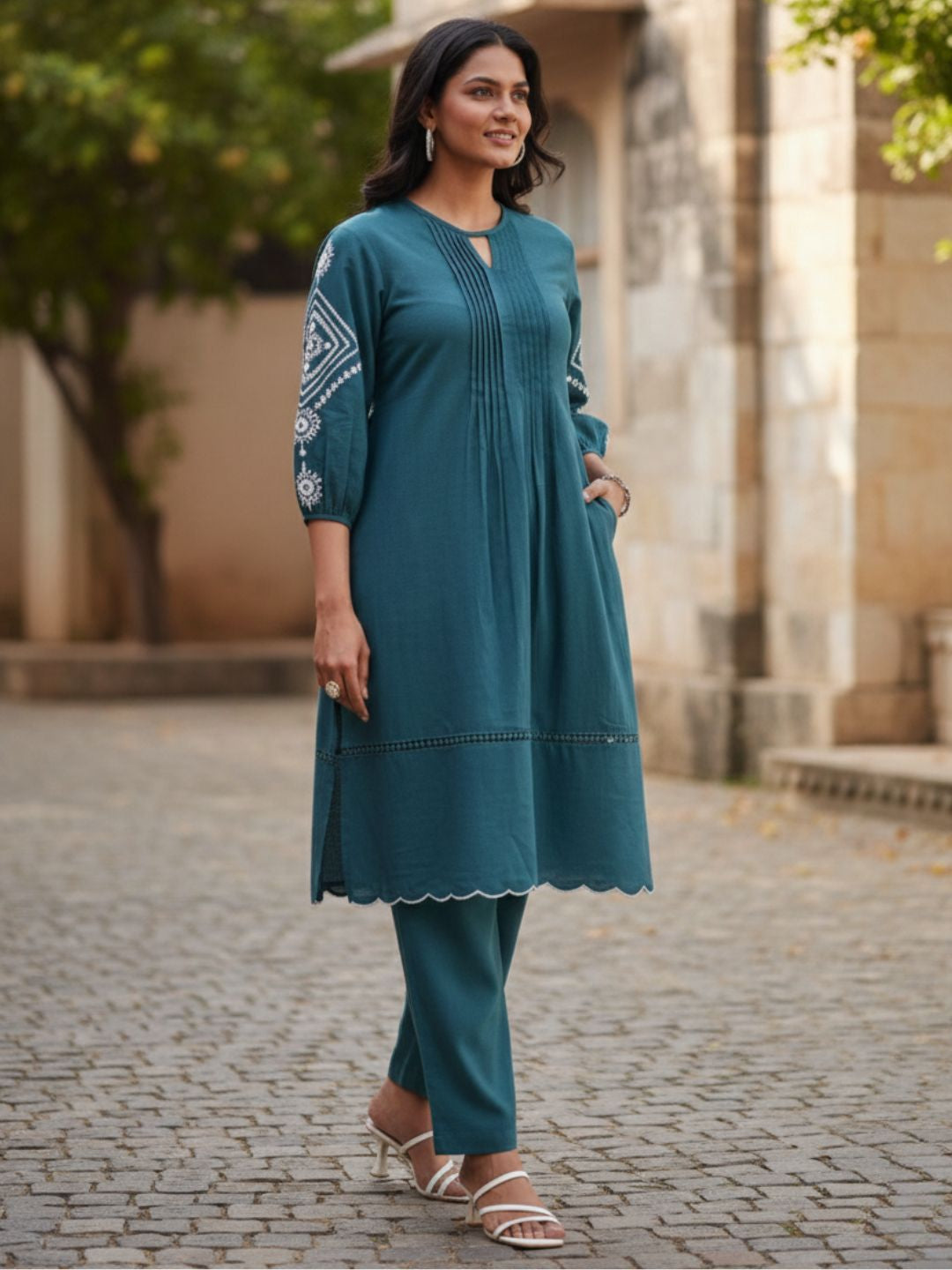 TUSHKI TEAL COTTON COMFY KURTA PANT SET