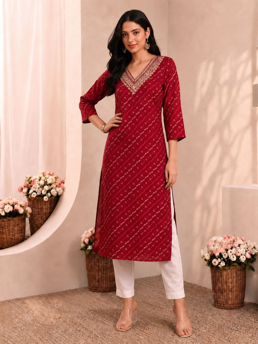 Medha Carmine Printed Work Kurti