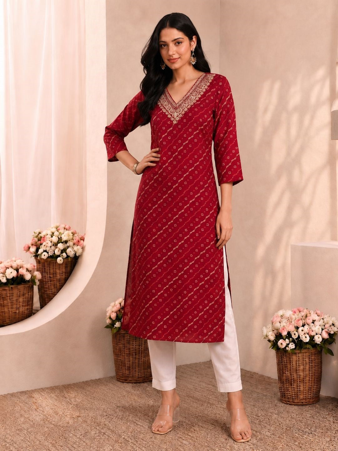 Medha Carmine Printed Work Kurti
