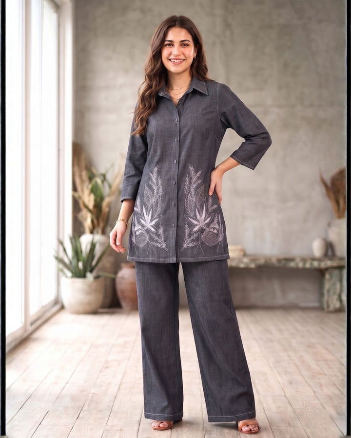 Prisha fossil embroidery denim co-ord set