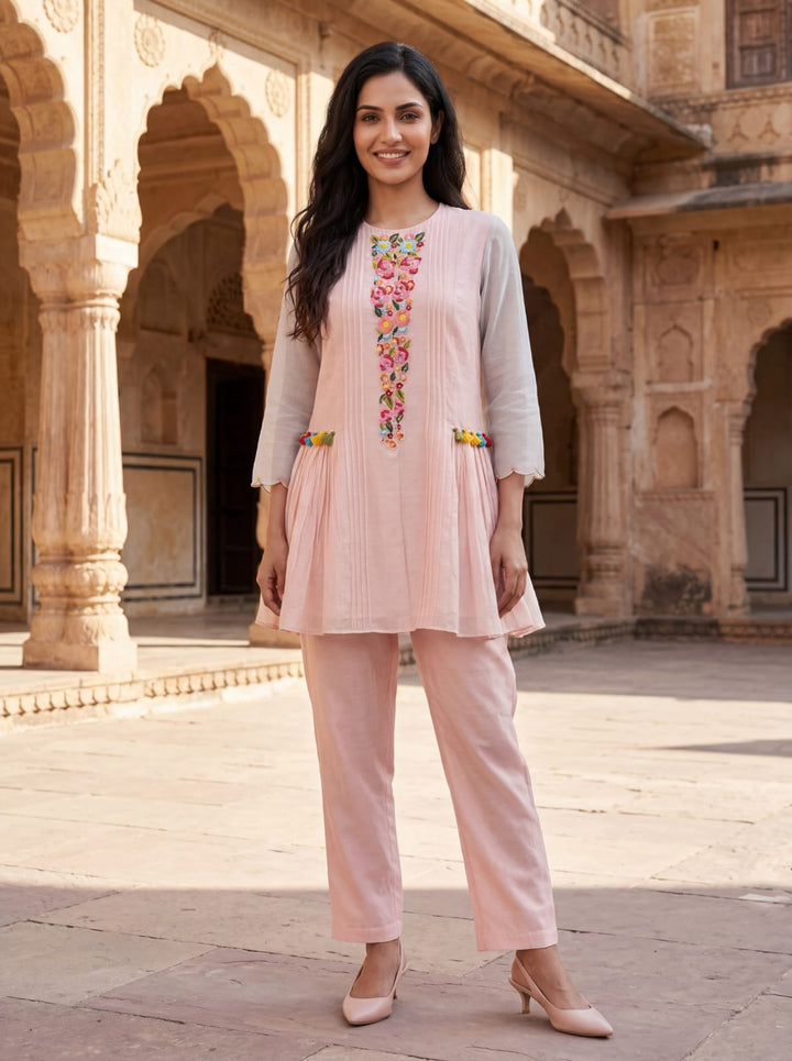 Gaur salmon embroidery cotton co-ord set