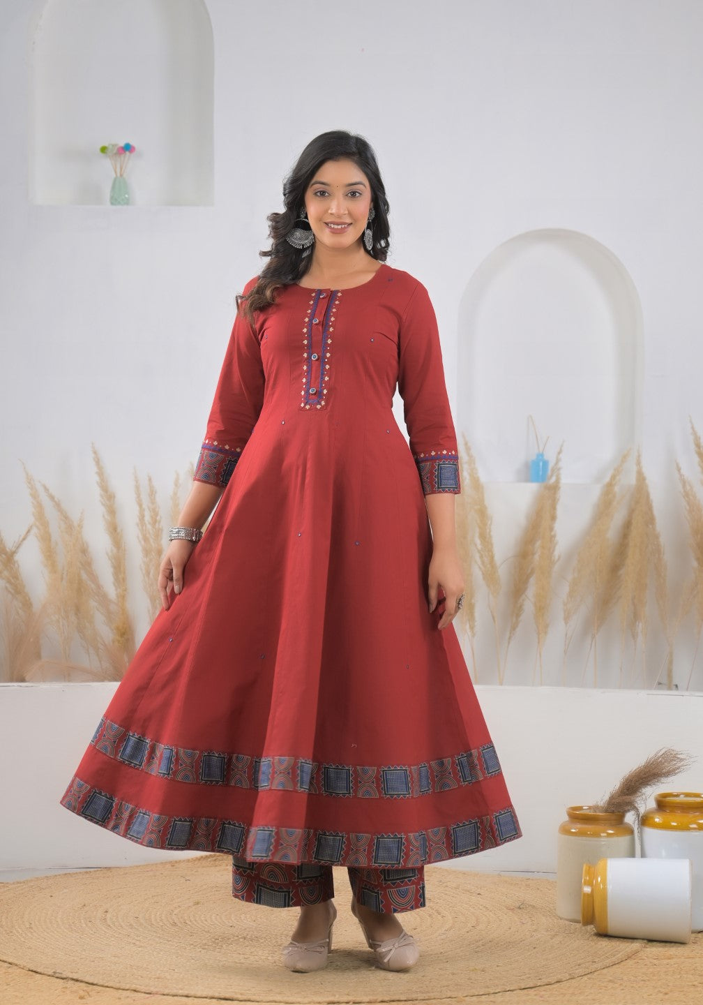 Ridhika Carmine cotton anarkali suit set
