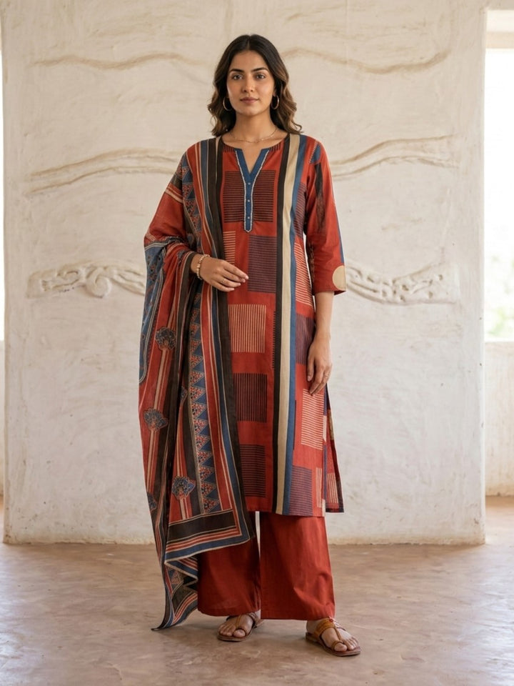 Swades garnet cotton printed suit set