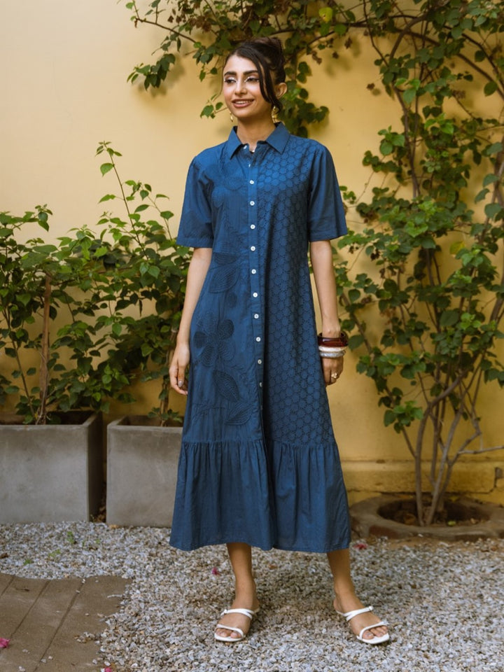 Ravya azure embroidery cotton dress