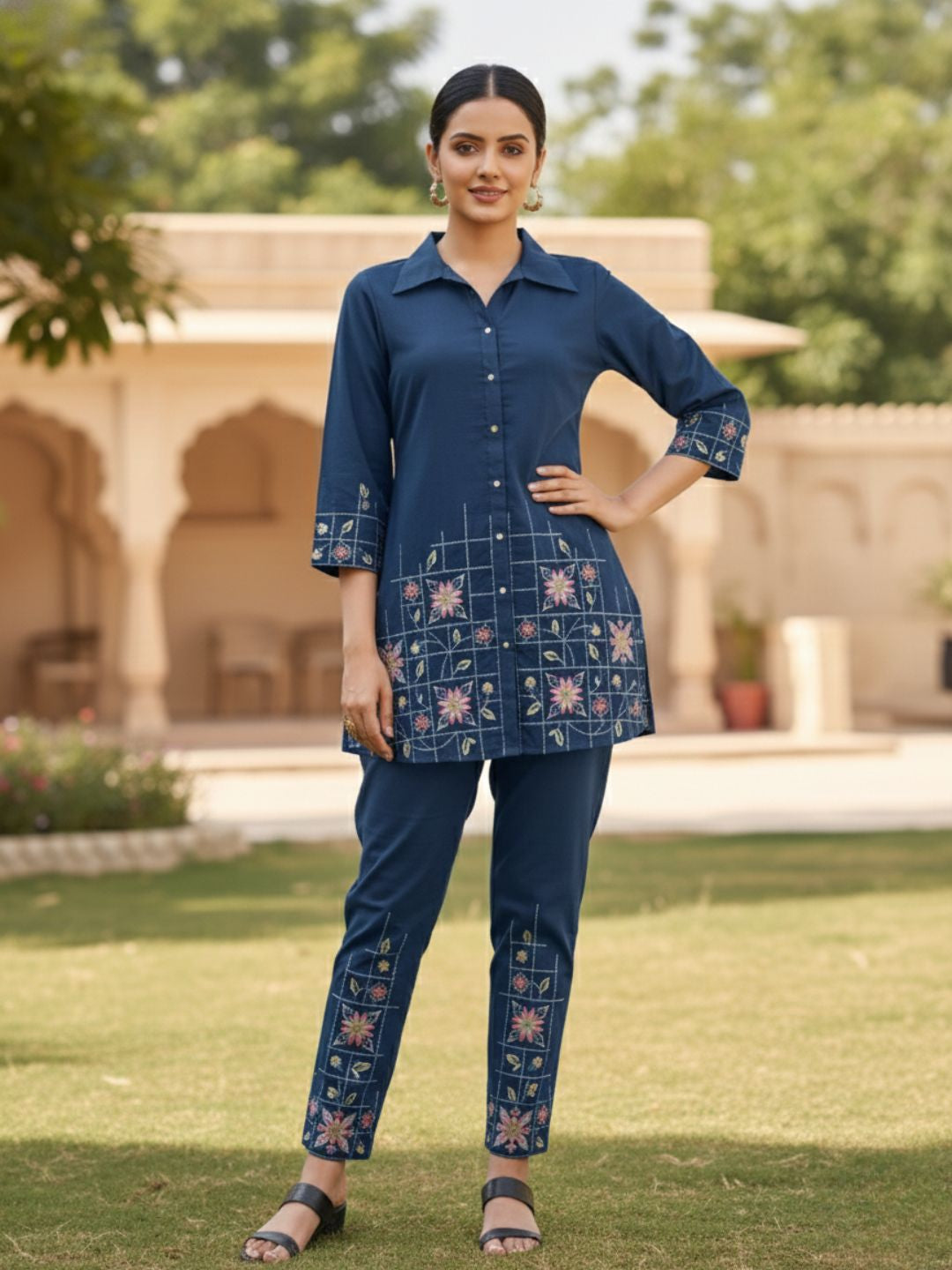 Eden navy embroidered co-ord set