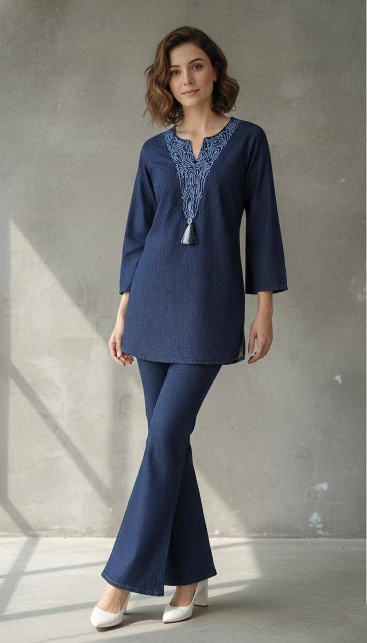 Prisha lapis denim embroidery co-ord set