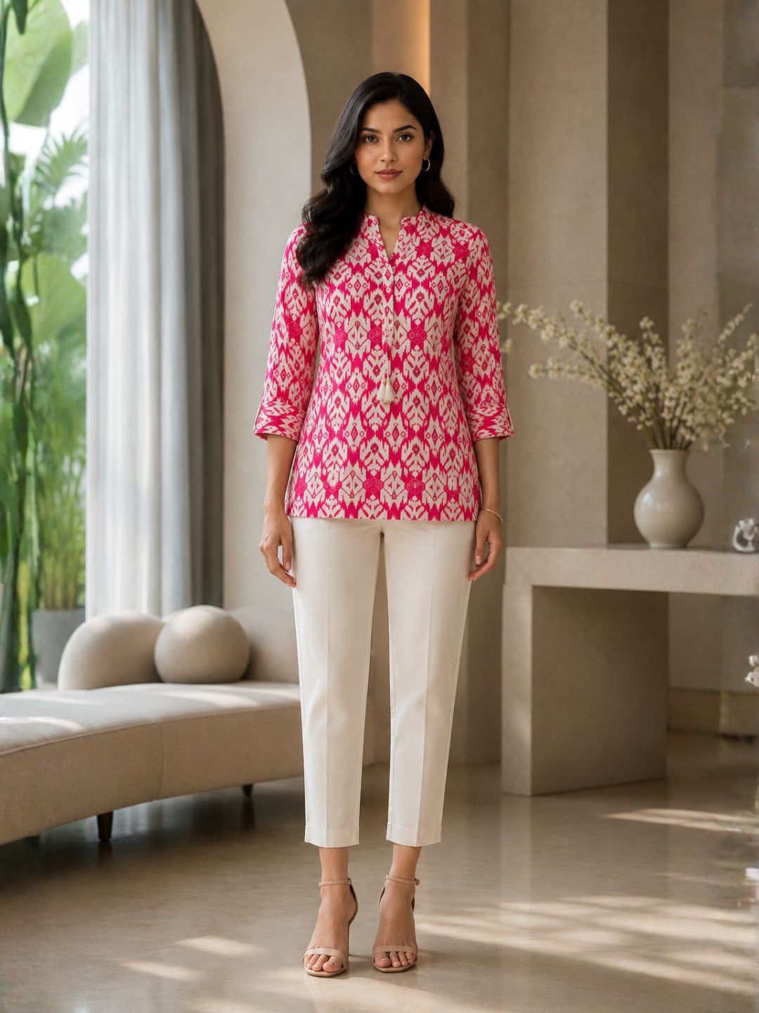 UMA SALMON PRINTED COTTON SHORT TOP