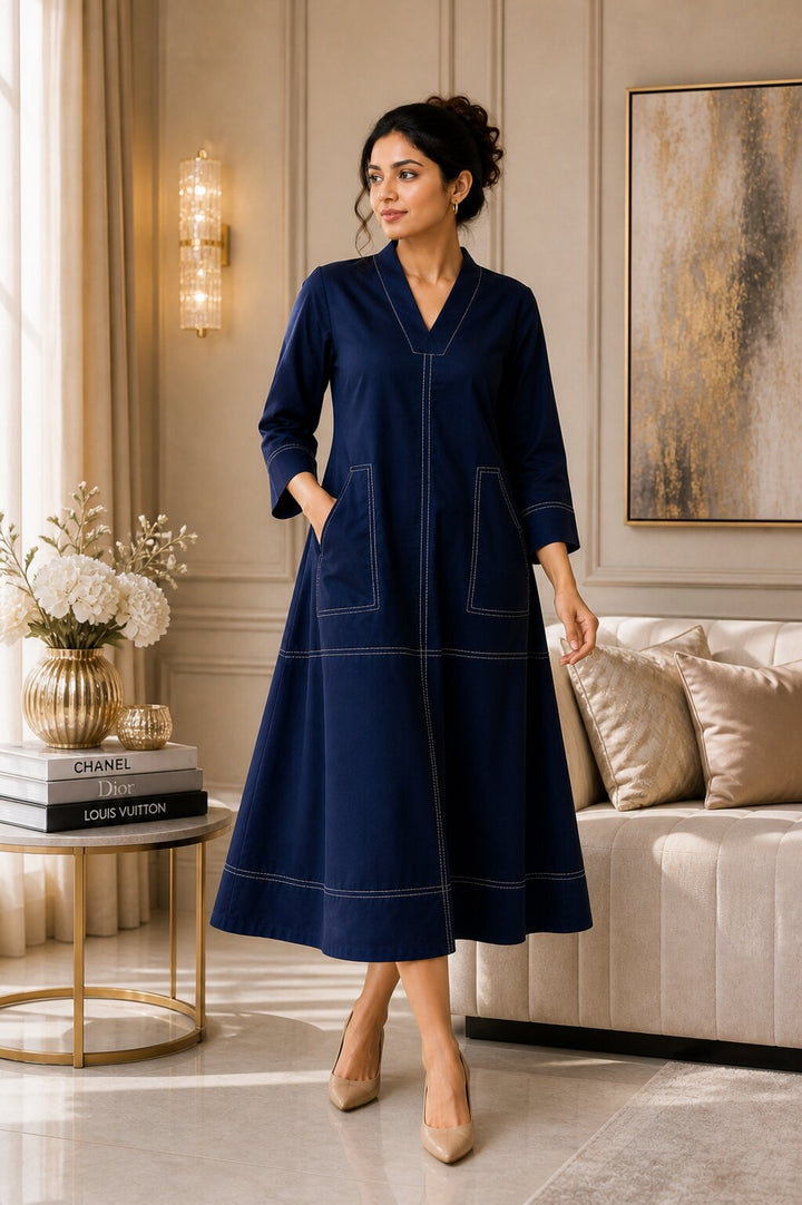 Akshara navy cotton midi dress