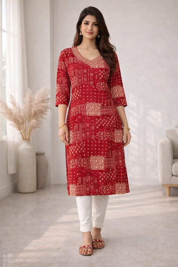 Barnali Carmine Printed Work Kurti