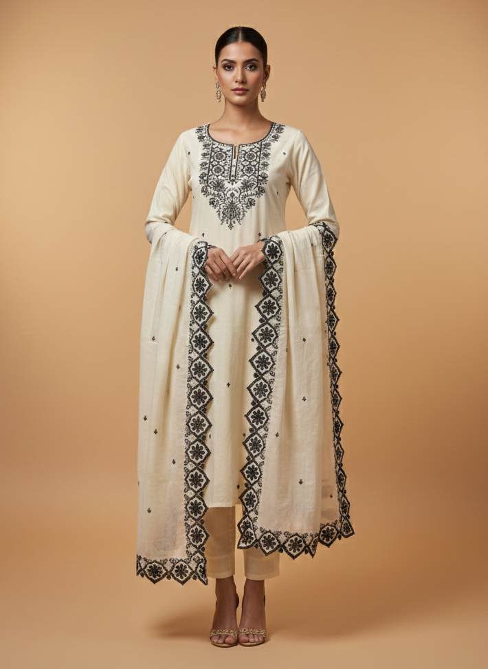 Hardik monochrome embroidery cotton suit set
