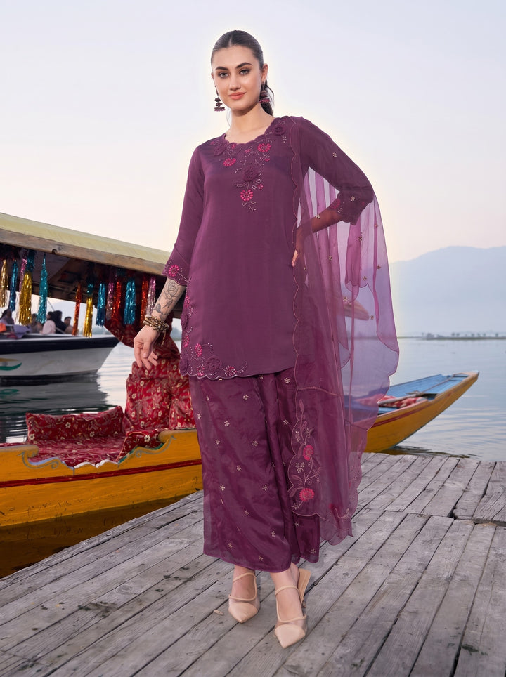 Nisha Grape Embroidered Suit Set