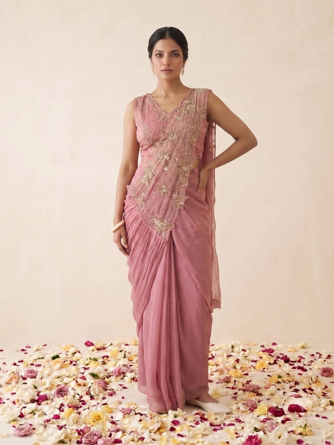 Alpa Peach Bloom Work Ready To Wear Drape Saree