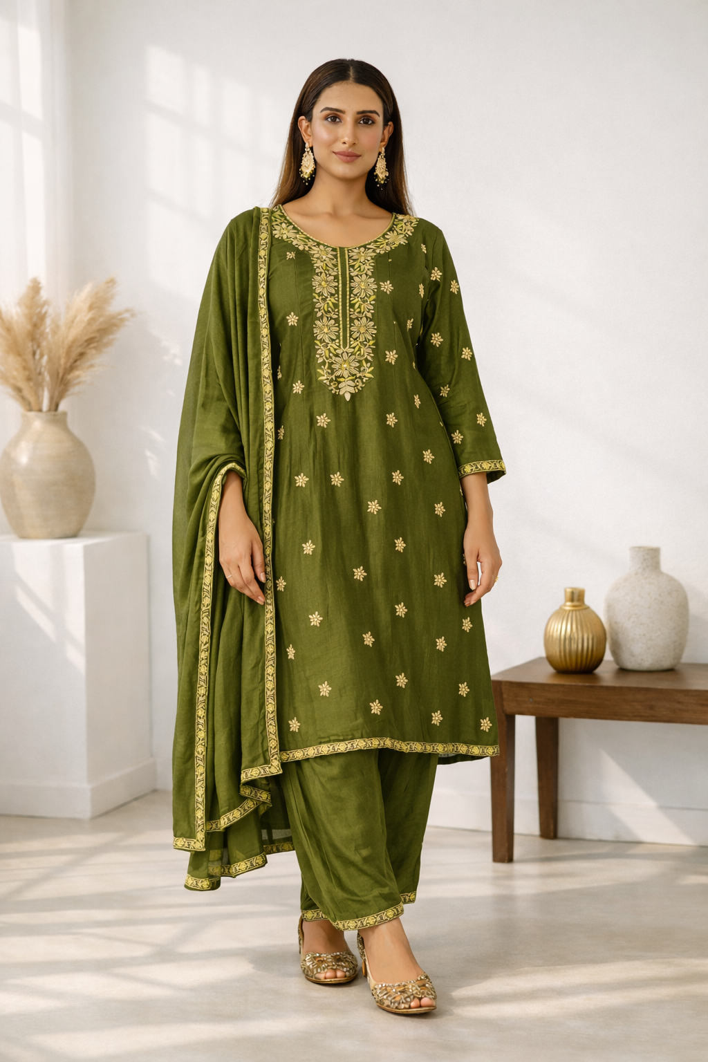 Anila Olive Full Work Anarkali Suit Set