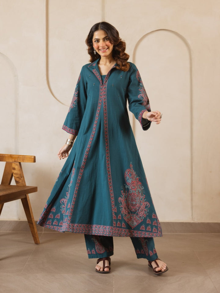 Karen cyan printed kurta pant set