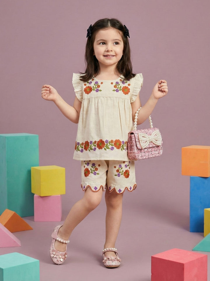 Joy peony embroidery cotton kids co-ord set