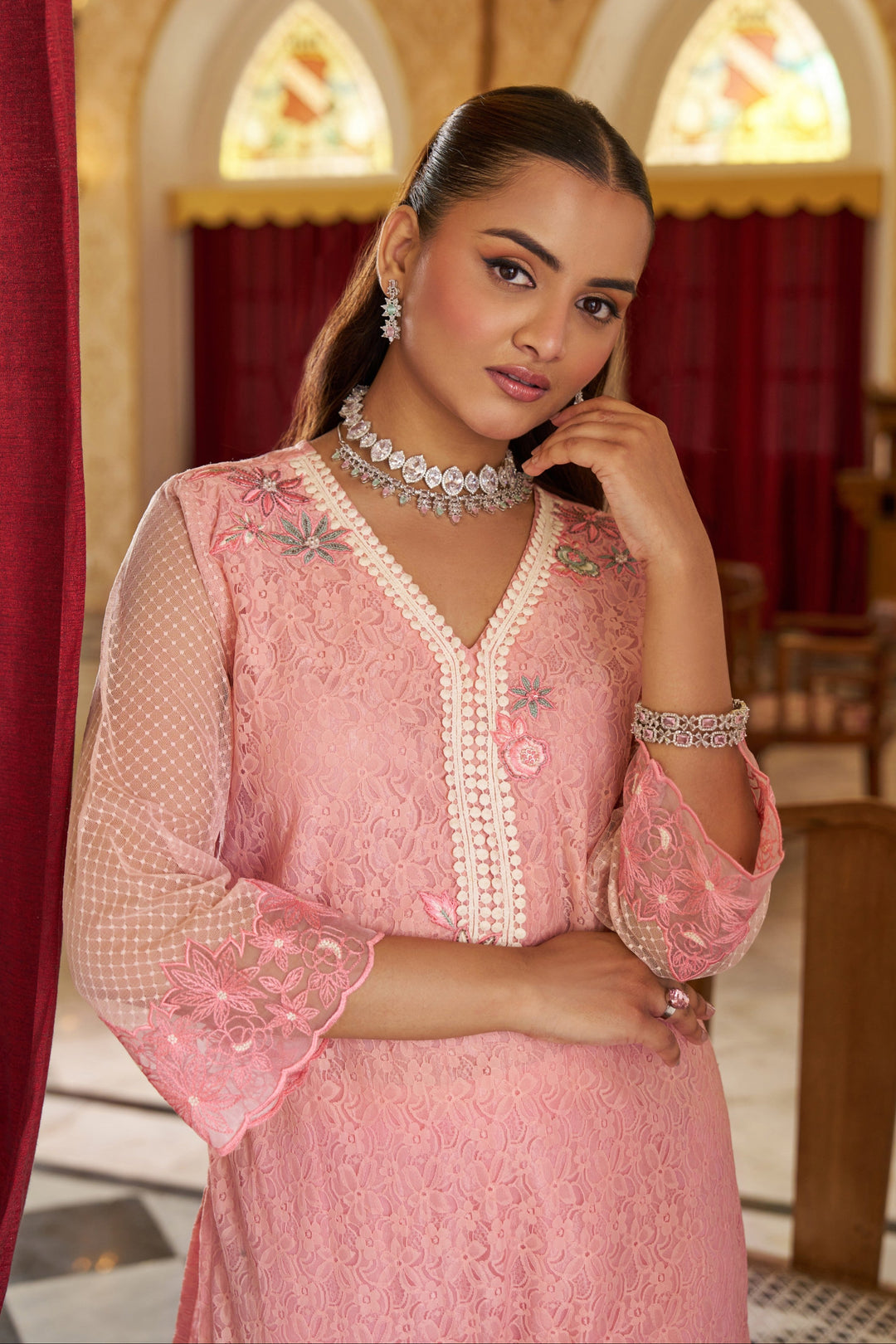 Anumeha Salmon embroidery co-ord set