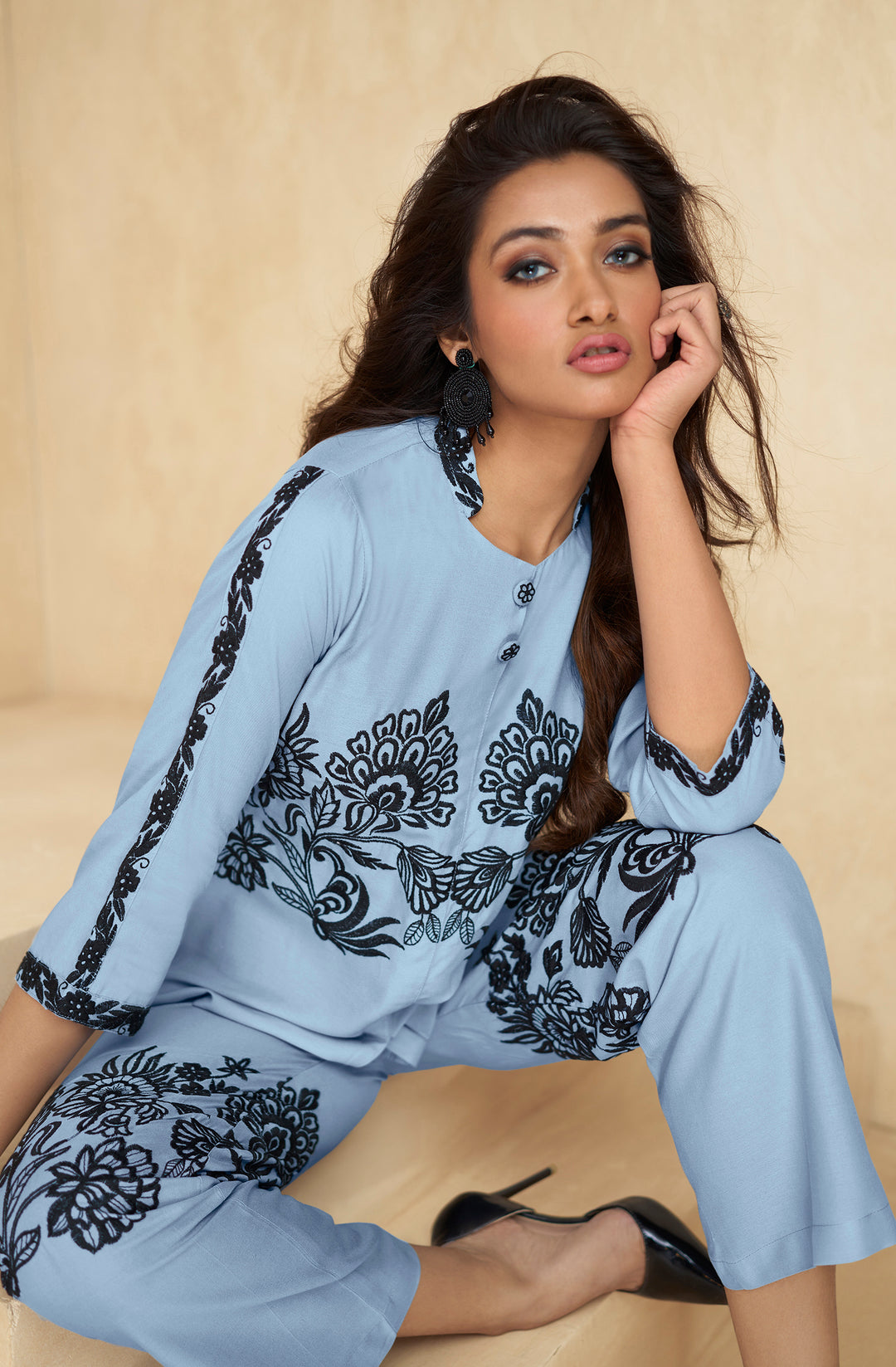 Winny Maya Blue Embroidery Co-ord Set