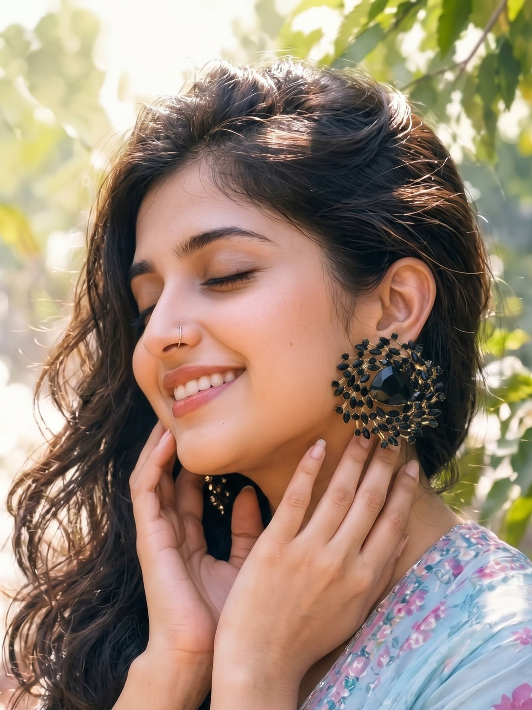 Monstera Black Crystal Halo Earrings