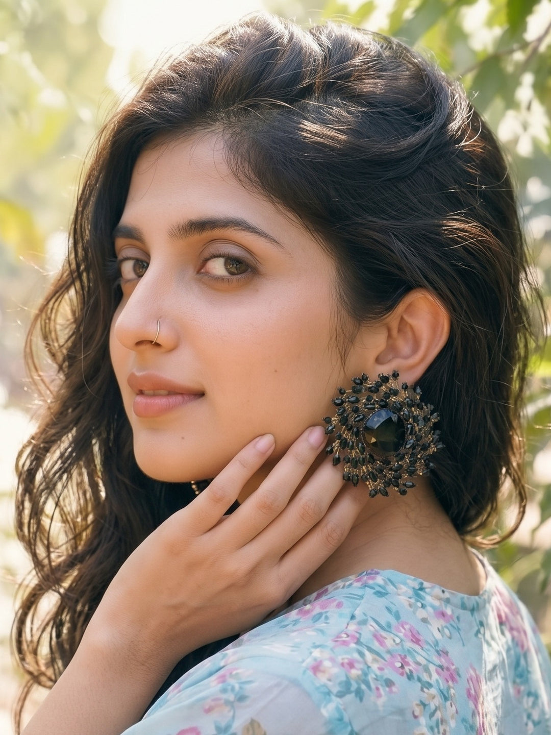 Monstera Black Crystal Halo Earrings
