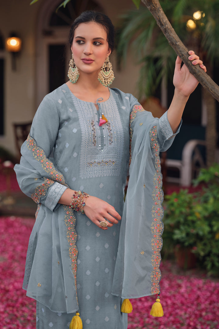 Shadab Grey Embroidered Suit Set