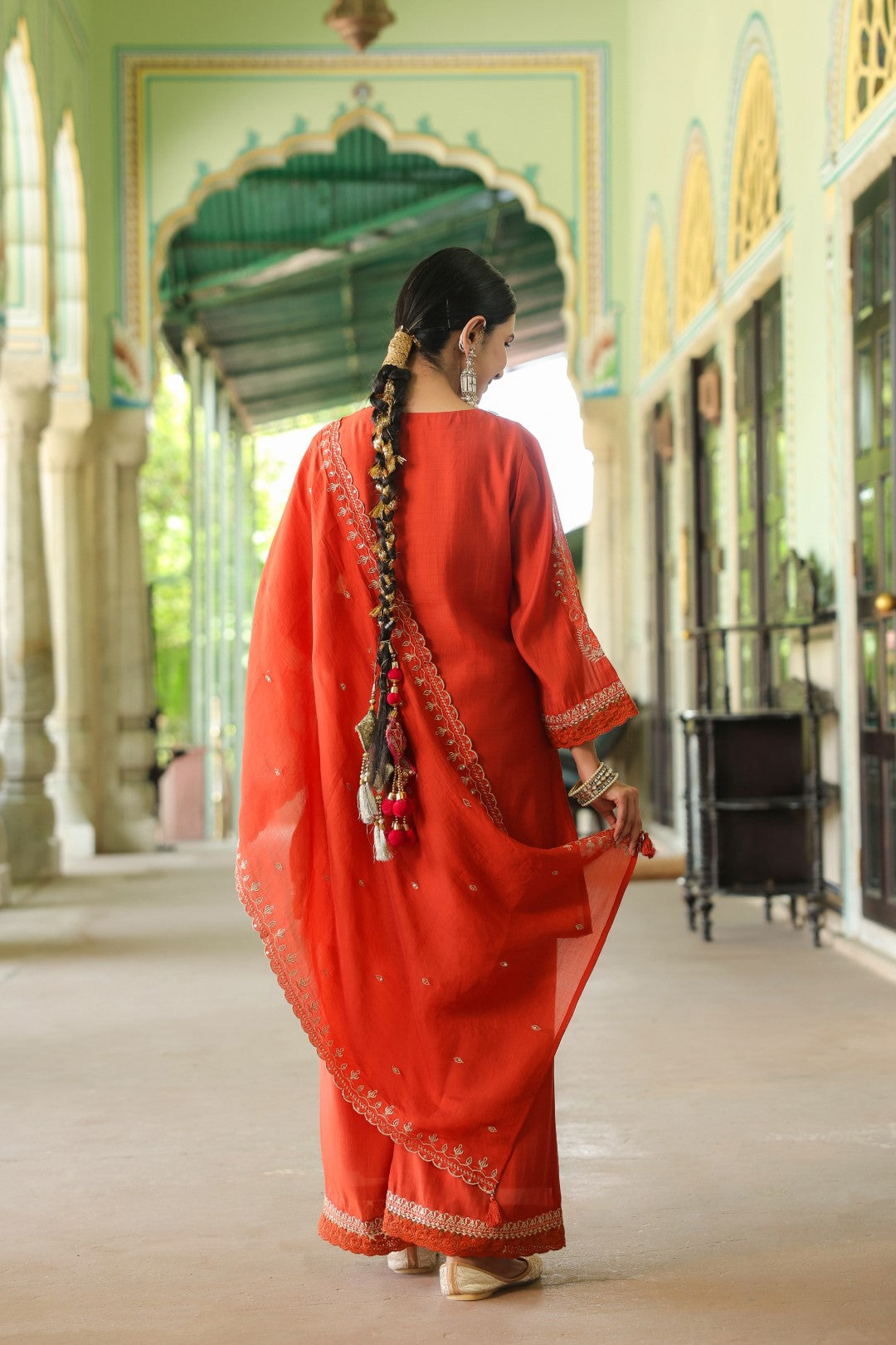 Okra Tangerine full work mul chanderi suit set