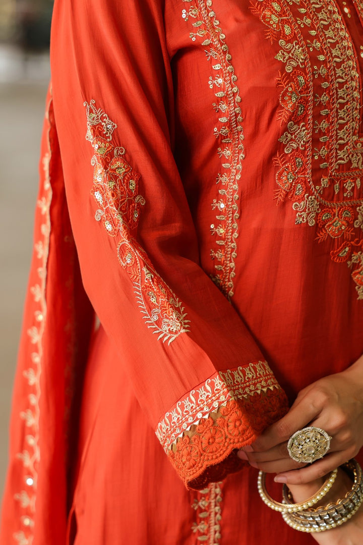 Okra Tangerine full work mul chanderi suit set