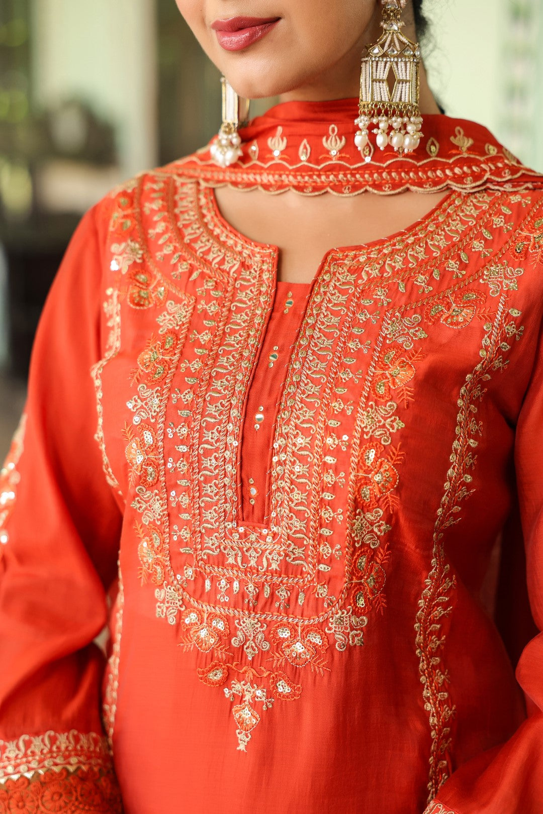 Okra Tangerine full work mul chanderi suit set