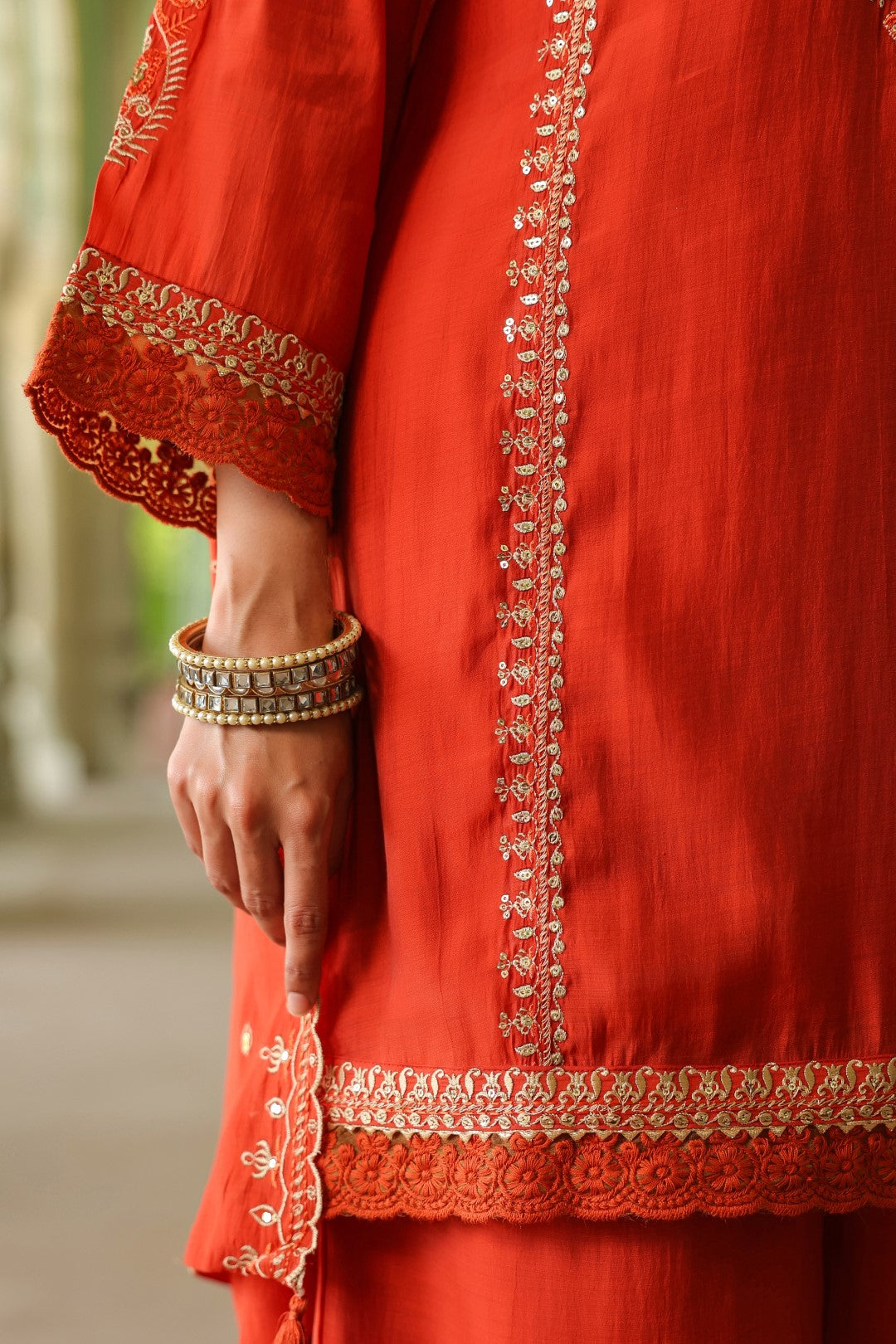 Okra Tangerine full work mul chanderi suit set