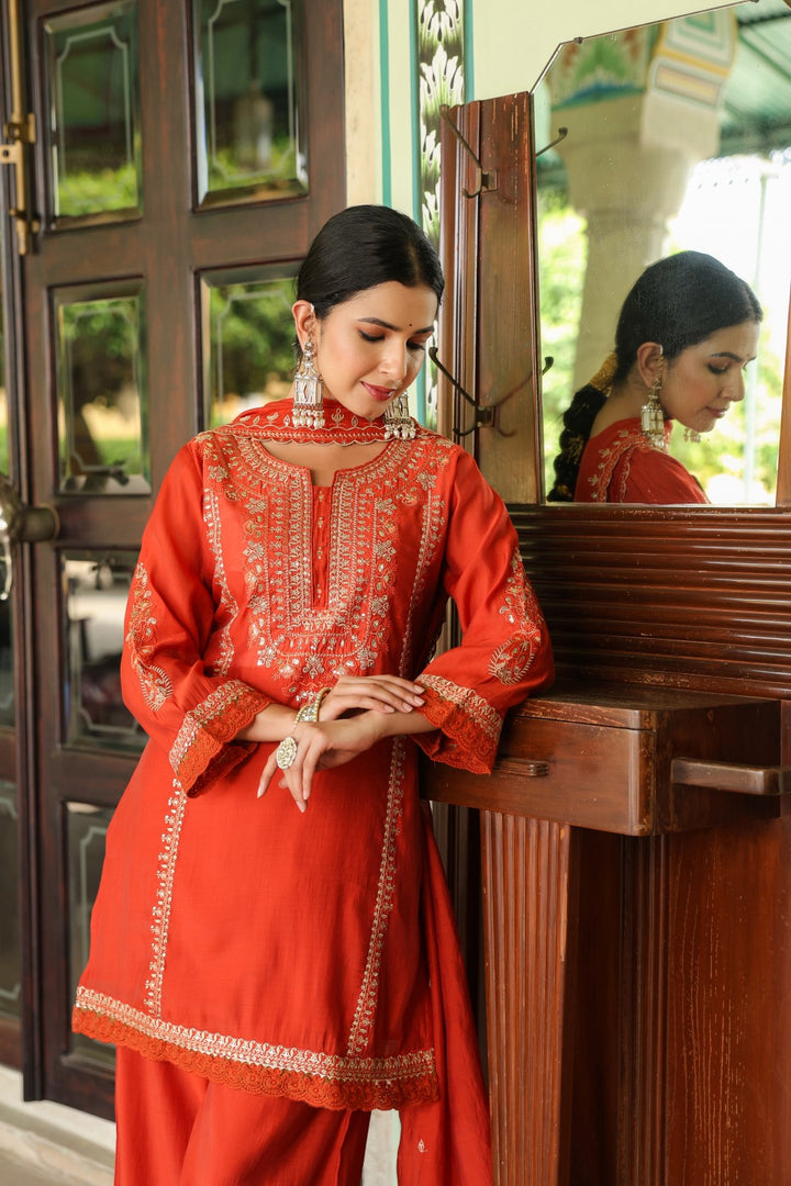 Okra Tangerine full work mul chanderi suit set