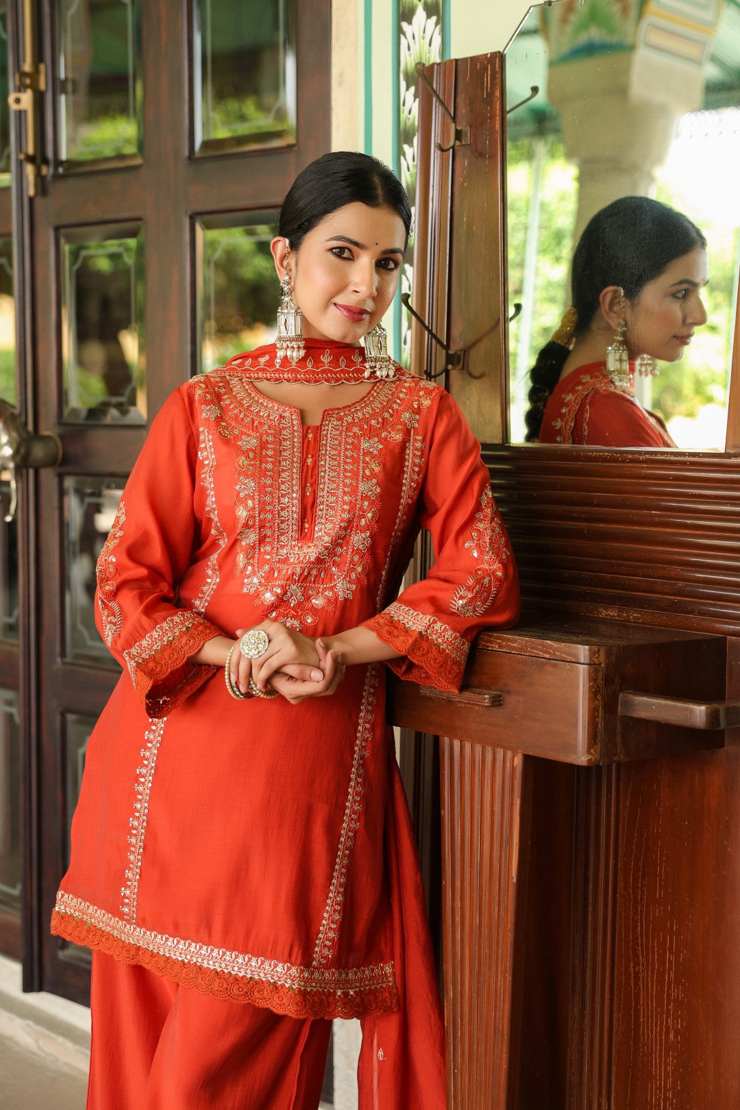 Okra Tangerine full work mul chanderi suit set