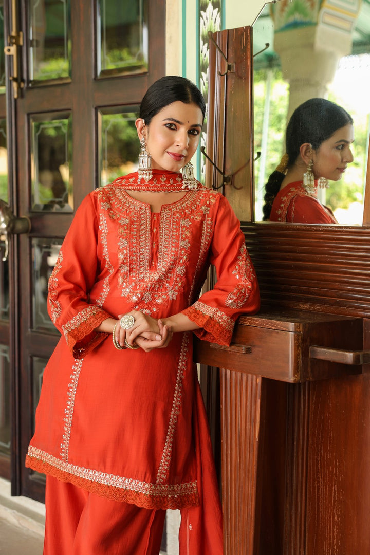 Okra Tangerine full work mul chanderi suit set