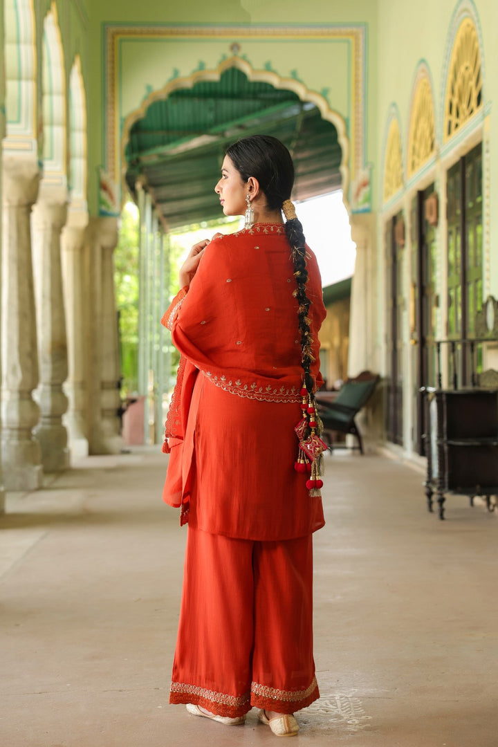 Okra Tangerine full work mul chanderi suit set