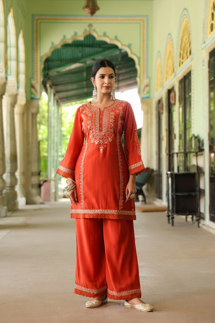Okra Tangerine full work mul chanderi suit set