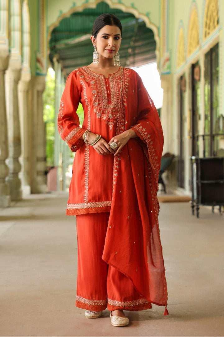 Okra Tangerine full work mul chanderi suit set